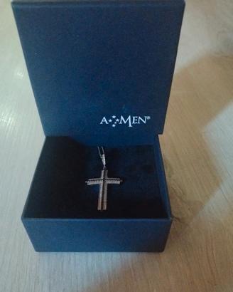 Collana AMEN a croce con zirconi bianchi e neri 