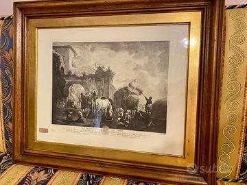 Splendida incisione mercato della paglia wouwerman