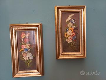 coppia quadretti vintage ad olio fiori 