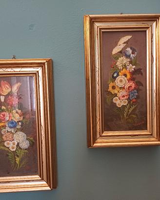 coppia quadretti vintage ad olio fiori 