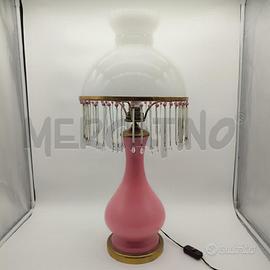 LAMPADA VETRO ROSA CON PENDENTI BORDO DORATO