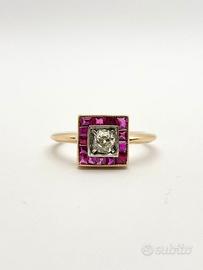 Anello oro 18KT rubini 0.60 diamante 0.45. Epoca