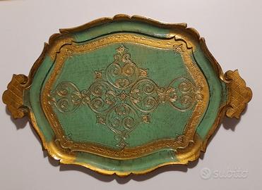VASSOIO VERDE LEGNO DIPINTO LACCATO  ORO