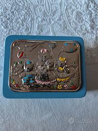 Salvadanaio bambino azzurro, decorazione argento