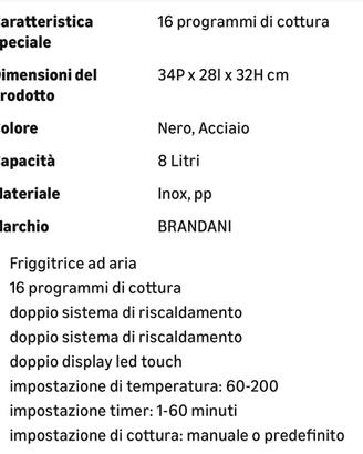 Friggitrice ad aria Brandani 8 lt NUOVA IMBALLATA