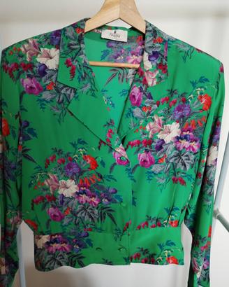 Camicia Vintage Anni 90 in Pura Seta Verde Floreal