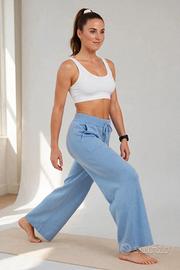 Pantaloni Caldi a Gamba Larga in Maglia Celeste 