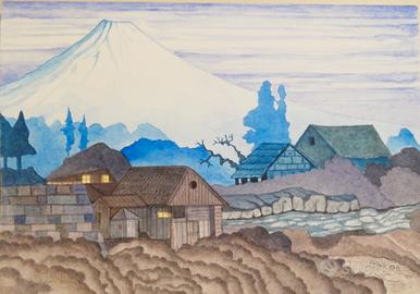 Acquerello paesaggio giapponese con Monte Fuji