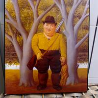 Quadro stile Botero – cacciatore con fucile e cane