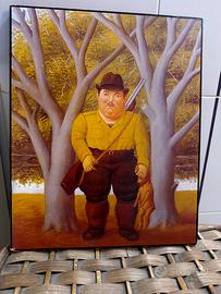 Quadro stile Botero – cacciatore con fucile e cane