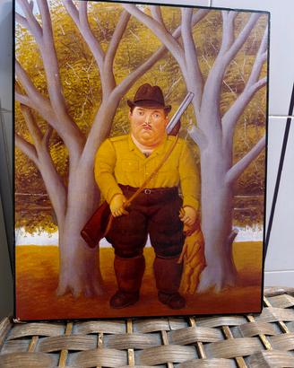 Quadro stile Botero – cacciatore con fucile e cane