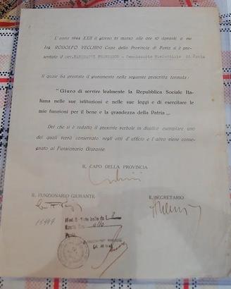 Documento giuramento intestato di funzionario RSI