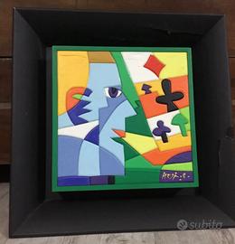 Quadro Ugo Nespolo acrilici su legno intagliato