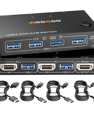 Switch KVM HDMI 4K@60Hz, KVM Switch per 2 PC e 1 m