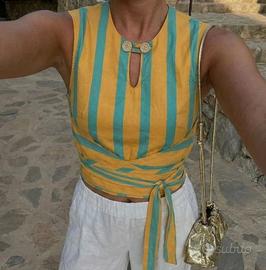 Carmen dice giallo & Teal a righe avvolgere crop t