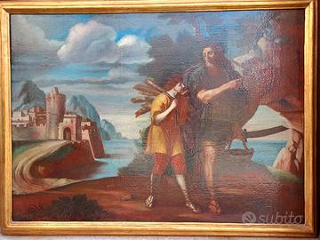 Antico dipinto olio su tela Abramo e Isacco