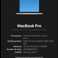 MacBook Pro 13 pollici,2017, SSD 1 TB,RAM 16 GB