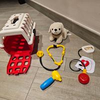 Giocattolo-Set veterinario, trasportino, cagnolino