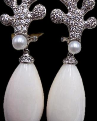 ORECCHINI ORO DIAMANTI CORALLO BIANCO PERLA
