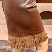 Gonna in pelle nappa morbida marrone con frange