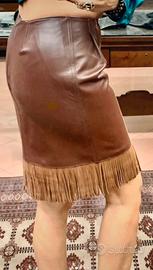 Gonna in pelle nappa morbida marrone con frange