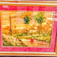 Quadro con paesaggio e contadina dipinto a mano.