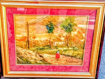 Quadro con paesaggio e contadina dipinto a mano.