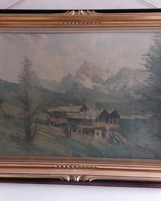 dipinto olio su tela- montagna chalet
