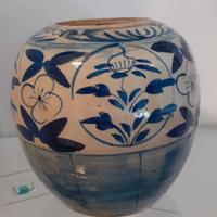 Antico Vaso Orientale Gres Fiori Blu con Coperchio