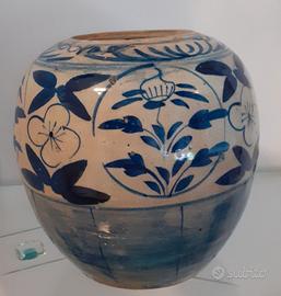 Antico Vaso Orientale Gres Fiori Blu con Coperchio