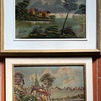 Due quadri di montagna con  lago in cornice