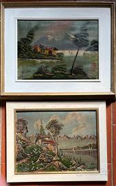 Due quadri di montagna con  lago in cornice