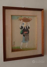 Dipinto su tela giapponese Geisha, firmato anni 70