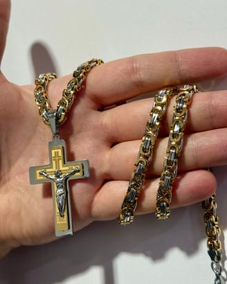 Collana croce Gesù oro/argento - 60cm acciaio inox