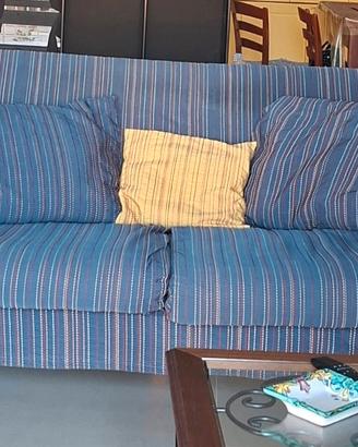 Elegante set divani a righe blu e legno - 2 pezzi