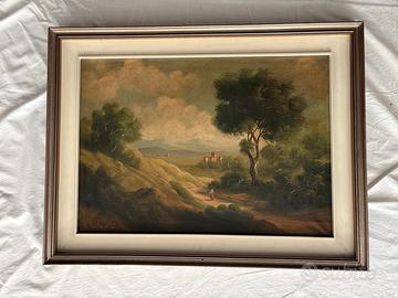 Grande quadro antico Paesaggio romantico olio su t