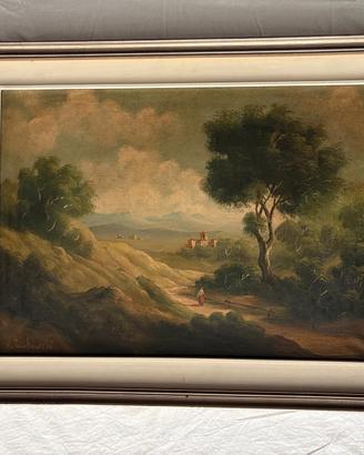 Grande quadro antico Paesaggio romantico olio su t