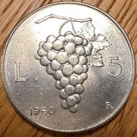 Moneta italiana da 5 lire “UVA”  1950, argento