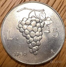 Moneta italiana da 5 lire “UVA”  1950, argento