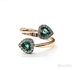 Anello oro rosa Diamanti smeraldi cuore amore