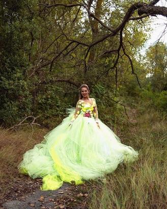 Abito pomposo verde lungo tulle rose