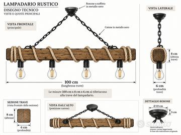 Lampadario Rustico legno e corda nuovo