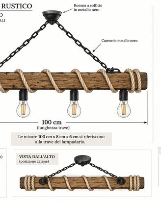 Lampadario Rustico legno e corda nuovo
