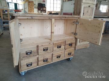 como in legno vecchio 4 ruote ghisa cassetti ante