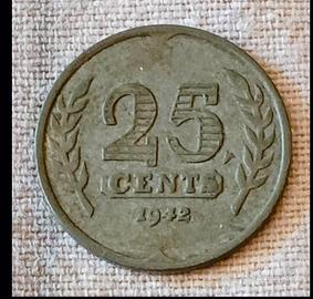 Moneta da 25 centesimi del 1942 Olanda Netherlands