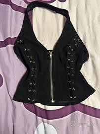 top  halter nero con zip e dettagli stringati