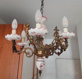 Lampadario Vintage in Ottone e Ceramica