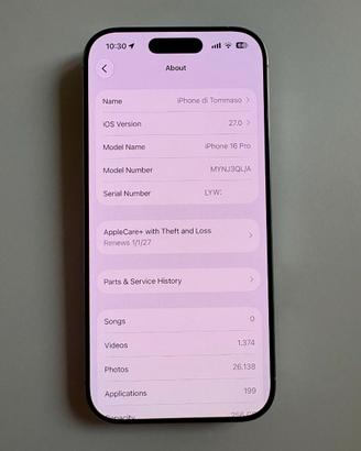 iPhone 16 Pro 256 Bianco Batteria 100% + AppleCare