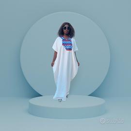 Kaftan Elegante – Bianco e Rosa | Taglia Unica
