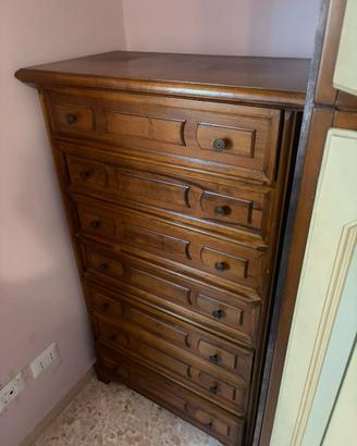 Settimino e Coppia Comodini Legno Noce Anni 70 -